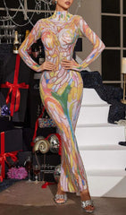 Rupok Dazzling Rhinestone Abstract Print Turtleneck Maxi Dress