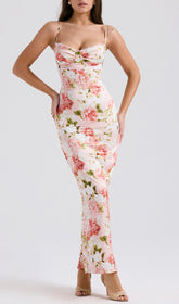 Beasley Pink Peony Print Satin Maxi Dress with Lace Trim & Slit