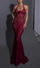 Bedelia Wine Red Halter Lace Mermaid Maxi Gown