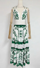 Estela Boho V-Neck Printed Maxi Dress with Lace Trim
