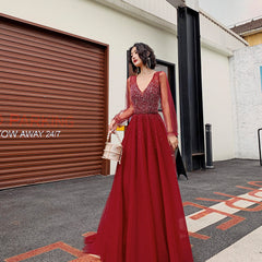 Wine Red Long Sleeves Beaded Low Back Tulle Prom Dress