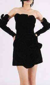 Ceren Black Floral Applique Strapless Mini Dress with Matching Gloves