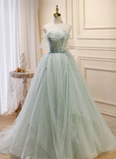 Light Green Tulle Beaded Sweetheart Long Prom Dress