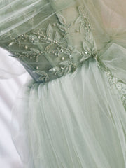 Light Green Tulle Beaded Sweetheart Long Prom Dress