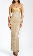 Alazne Dazzling Sequin & Pearl Strapless Maxi Dress