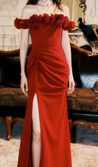 Darcila Red Rose Off-Shoulder Slit Maxi Dress