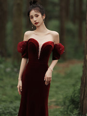 Wine Red Off Shoulder Velvet Mermaid Wedding Party Dress