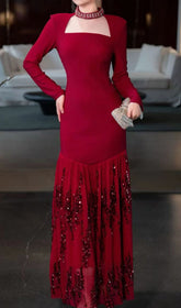 Ioana Glamorous Red Sequin Long Sleeve Maxi Dress