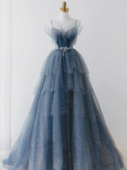 Blue Sparkle Beadedd Tulle Floor Length Party Dress