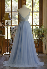 Light Blue Tulle V-neckline Straps with Lace Long Party Dress