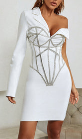 Adine Adorns Dazzling White Asymmetrical Blazer Mini Dress with Rhinestone Corset Detail