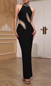 Freyja Glamorous Black Diamante Halter Cut-Out Bandage Maxi Dress