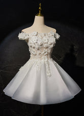 White Short Flowers Lace Short Party Dress