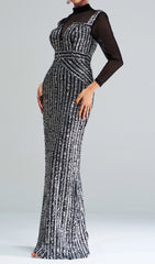 Cosmas Black Sequin Mesh Long Sleeve Evening Maxi Dress