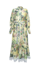 Yedda Floral Print Puff Sleeve Lace Trim Maxi Dress