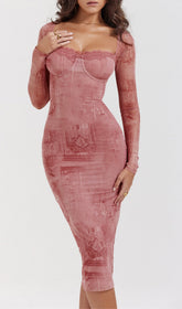 Chic Dusty Rose Vintage Print Bodycon Midi Dress with Lace Trim