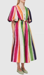 Erix Vibrant Rainbow Stripe Puff-Sleeve Midi Dress