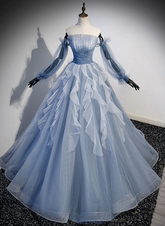 Vestido de fiesta azul claro con mangas largas y cuentas