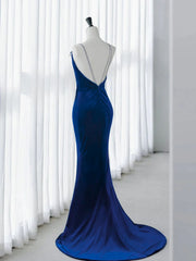 Vestido de fiesta largo de terciopelo sirena azul real sin espalda