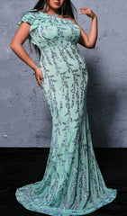 Beril Mint Sequin One-Shoulder Plus Size Maxi Dress