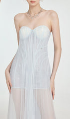 Fintan Ethereal Blue Strapless Mesh & Lace Maxi Dress