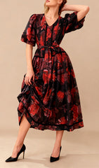 Indah Vibrant Floral Puff-Sleeve Midi Dress