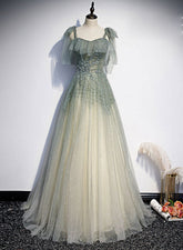 Vestido de fiesta largo con tirantes de tul verde, corte A y cuentas