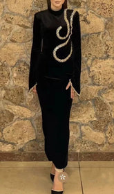 Bronagh Black Velvet Crystal Embellished Long Sleeve Midi Evening Dress