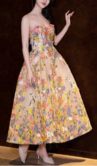 Enchanted Garden Strapless Floral Embroidered Tea Length Midi Dress