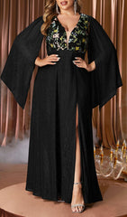 Elegant Ikaika Plus Size Floral Embroidered Maxi Dress with Dramatic Cape Sleeves