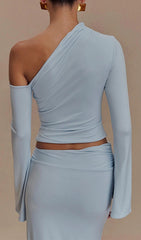 Elmarie Sky Blue One-Shoulder Crop Top & Draped Maxi Skirt Set