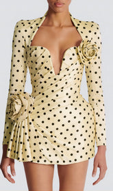 Vivacious Yellow Polka Dot Ruched Mini Dress with Rose Accents