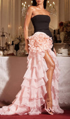 Showstopping Filib Strapless Flower Ruffle Tiered Maxi Gown with High Slit
