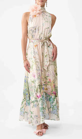 Emy Elegant Floral Halter Maxi Dress with Detachable Statement Flower