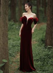 Wine Red Off Shoulder Velvet Mermaid Wedding Party Dress
