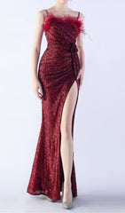 Chroma Wine Red Sequin & Feather High Slit Maxi Dress