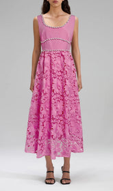 Earline Fuchsia Embellished Floral Lace Midi Dress