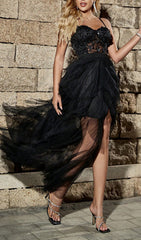 Curie Black Butterfly Sequin Mesh High-Low Maxi Dress
