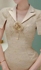 Catrin Elegant Khaki Tweed V-Neck Midi Dress