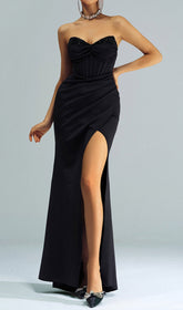 Catiche Women's Elegant Black Strapless Corset Maxi Dress with High Slit