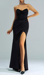 Catiche Women's Elegant Black Strapless Corset Maxi Dress with High Slit