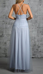 Doman Ethereal Dusty Blue Lace & Mesh Maxi Dress
