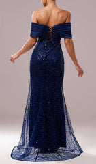 Dorit Navy Off-Shoulder Sequin Maxi Gown