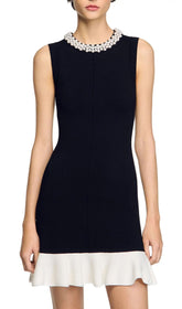 Chic Pearl-Embellished Knit Mini Dress with Contrast Ruffle Hem
