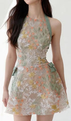 Itsuo Whimsical Floral Embroidered Halter Mini Dress