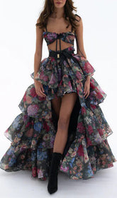 Eabha Daring Floral High-Low Maxi Dress with Cut-Out Bodice
