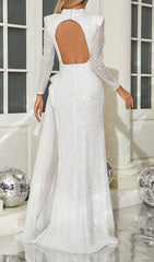 Bijan Glamorous White Sequin & Pearl Maxi Gown