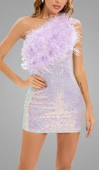 Dazzling Purple Sequin Feather One-Shoulder Mini Dress