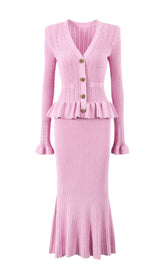 Etsuko Chic Pink Knit Peplum Cardigan & Mermaid Maxi Skirt Set