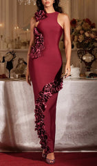 Filipe Elegant Burgundy Ruffle Bandage Maxi Dress